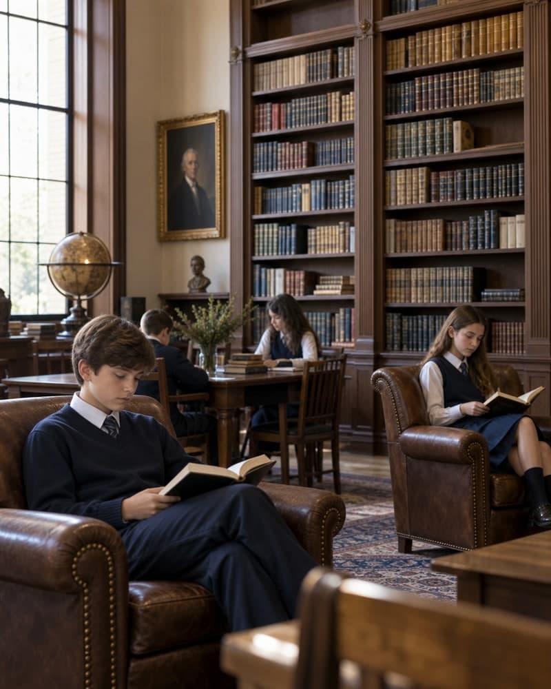 Imagem ilustrativa de alunos lendo em uma biblioteca clássica com estantes de madeira e poltronas de couro