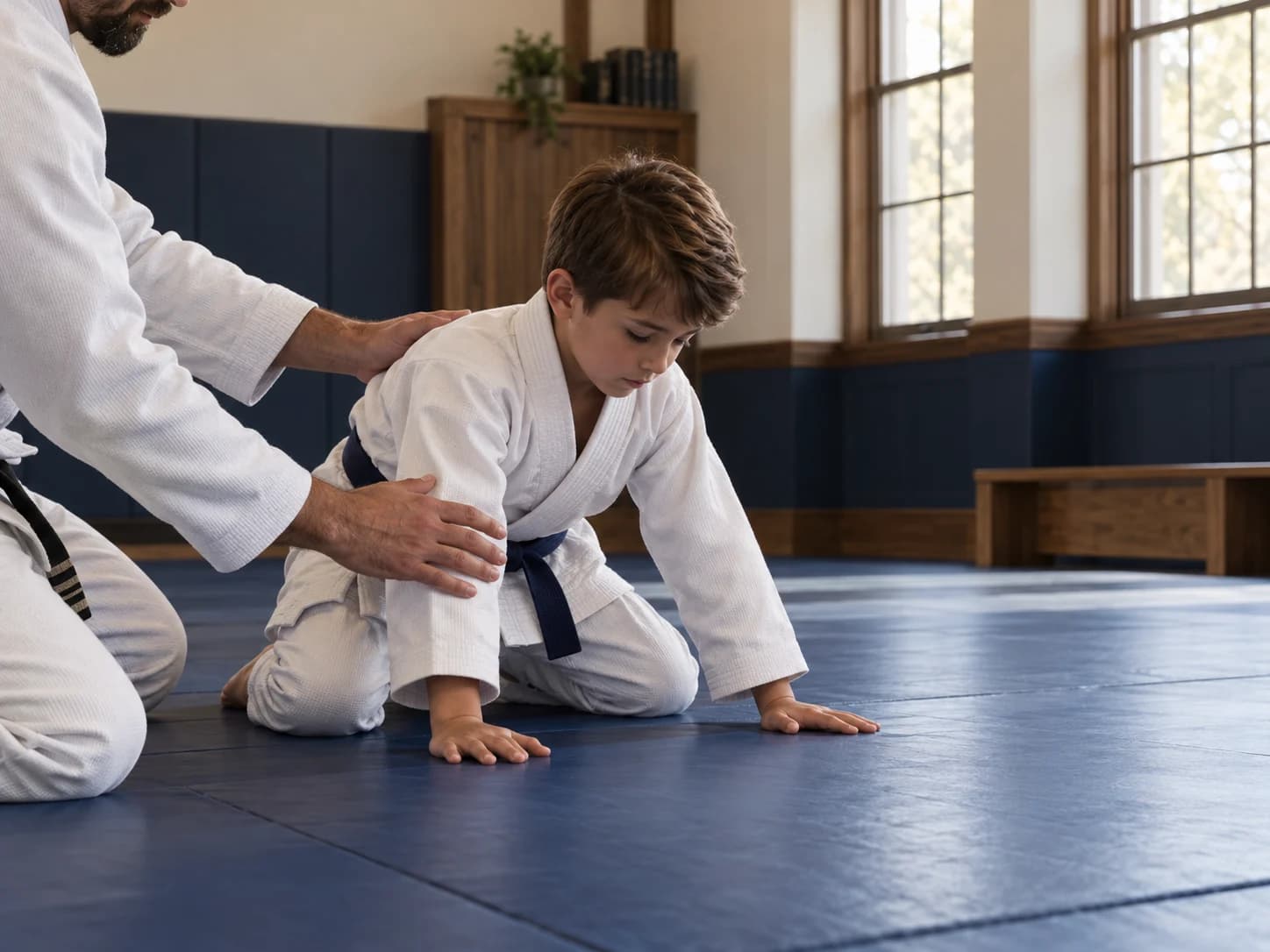 Criança praticando Jiu-Jitsu em ambiente escolar clássico